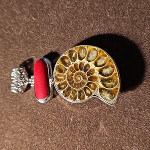 Genuine Aminite Fossil Pendant, Silver Tone With Red Corral